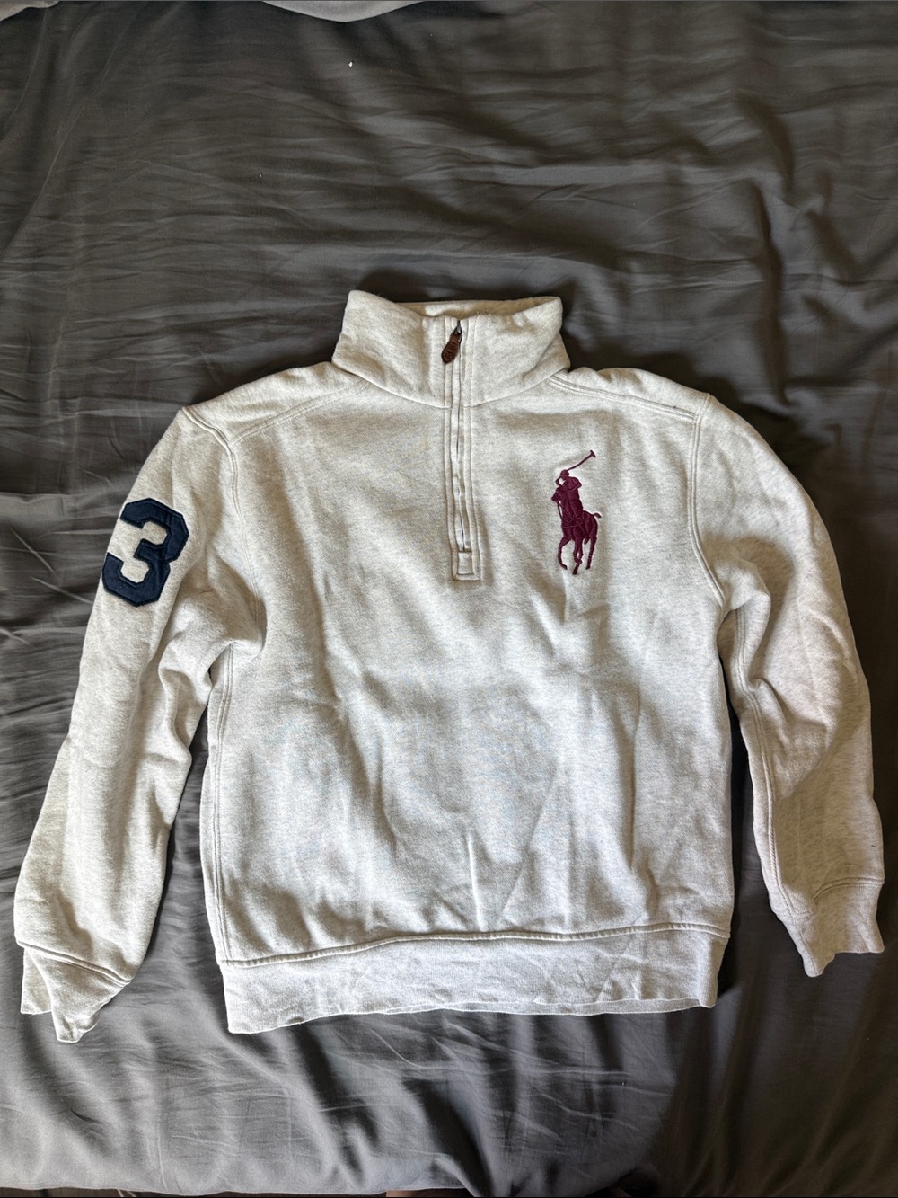 Ralph Lauren Grey Half-Zip Sweatshirt with Maroon Pony and Navy Sleeve Patch